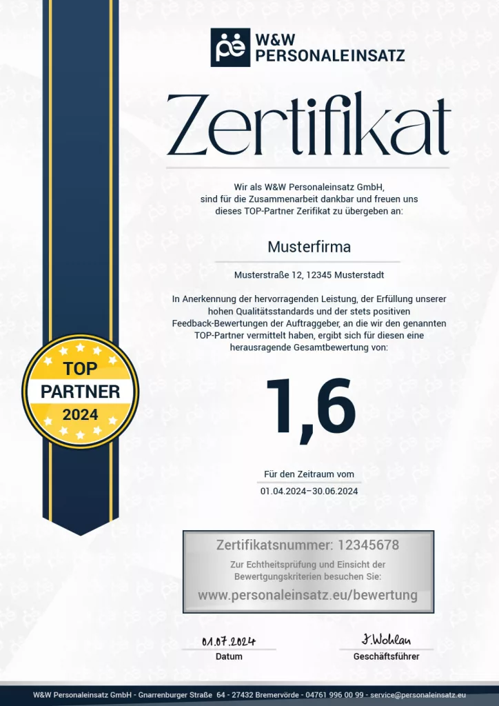 Muster des TOP-Partner Zertifikats der W&W Personaleinsatz GmbH für Subunternehmer mit hervorragender Leistung