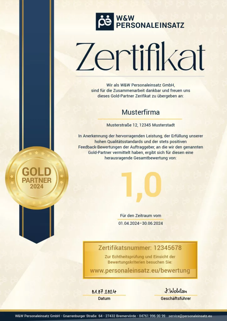 Muster des Gold-Partner Zertifikats der W&W Personaleinsatz GmbH für Subunternehmer mit herausragender Leistung
